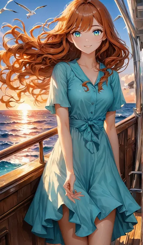  Attractive Anime Woman ,  Long Wave Hair , Dark orange hair, ( Two Colored Eyes, Blue Eyes, Green Eyes, and Eyes ),  Summer Blue Outfit ,  on a ship, sea ,  seagull ,Blue Sky,Sunset High Resolution , Great work, Accurate解剖学, Accurate,  best quality, Invit...