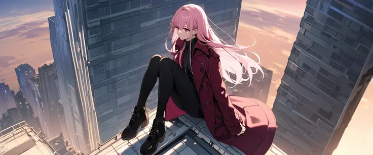 long straight hair, light pink hair, teen girl, full body, sitting on rooftop, on skyscraper, wearing coat, long coat, burgundry coat, rose eyes, looking at horizon,