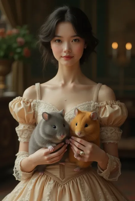 Beautiful girl with short hair Victorian dress holding a gray and a gold hamster 

