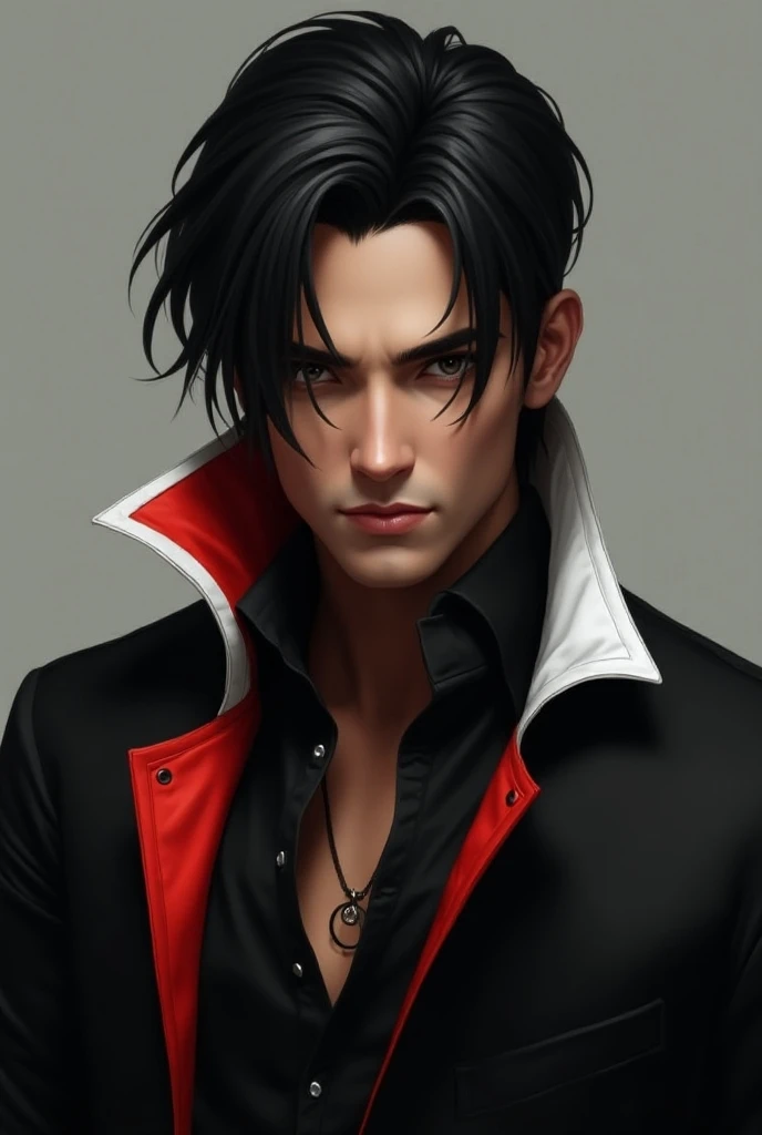 Male character straight black hair color black shirt with red color and a white leather collar 