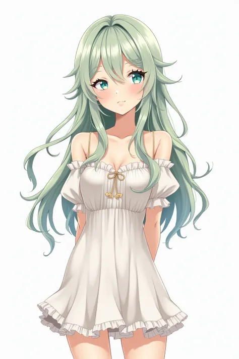 nature loving,cute, adult anime women, big tits, slim, one eye light blue the other light green, long flowy hair with bangs covering for head,relaxing looking,calm,men appealing,frilly dress,white background, full body front shot Tposing,revealing