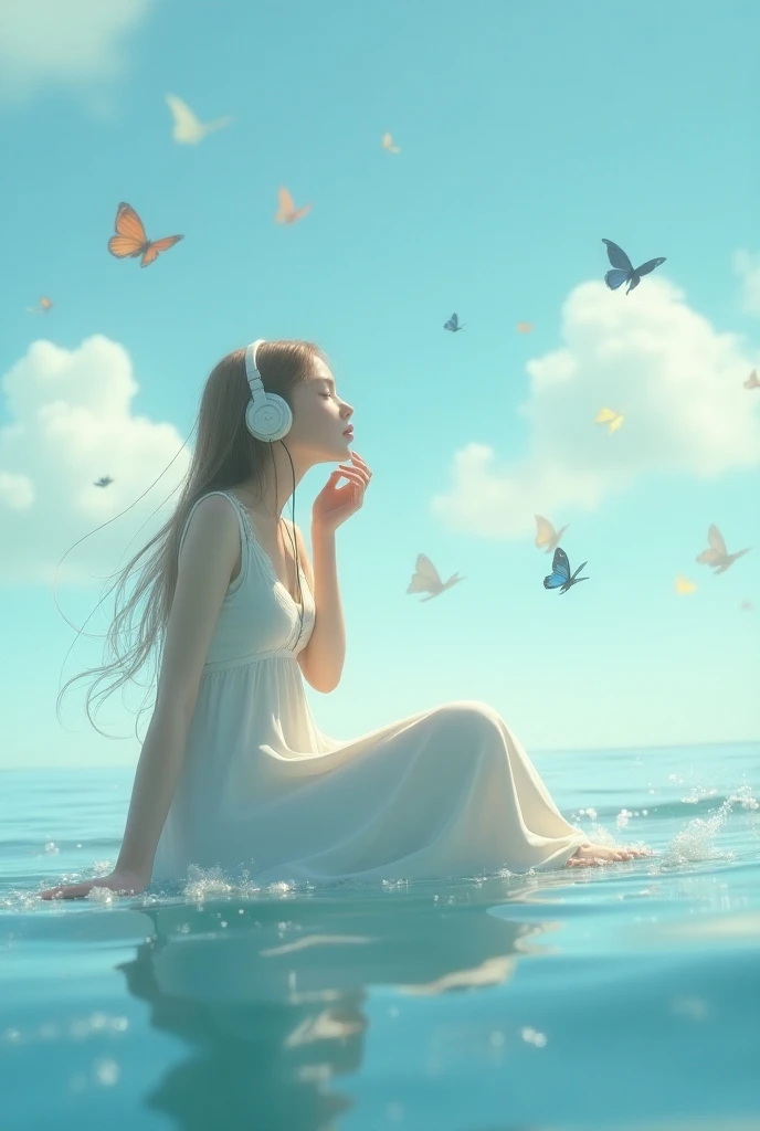 A teenage girl sitting halfway dressed in a long dress in the sea listening to music and happy watching the butterflies fly and the sky luy pretty