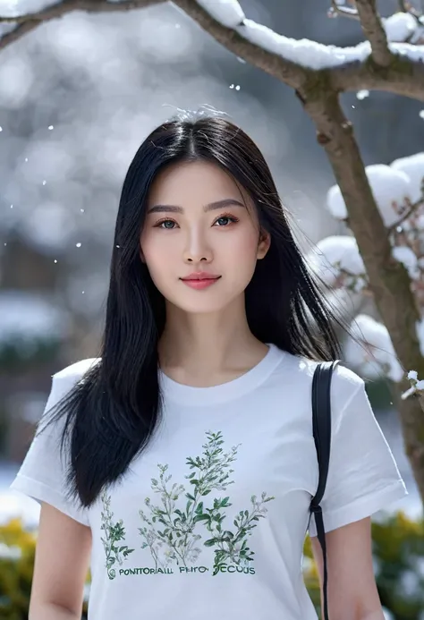 a 25 year old Chinese girl, long straight black hair, portrait,front view,full body,garden,snow,(best quality,8k,highres,masterpiece:1.2),ultra-detailed,(realistic,photorealistic,photo-realistic:1.37),HDR,UHD,studio lighting,sharp focus,physically-based re...