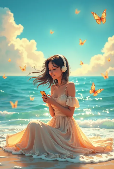 A lively teenage girl sitting on the side dressed in a long dress in the sea listening to music and happy watching the butterflies fly and the sky luy pretty