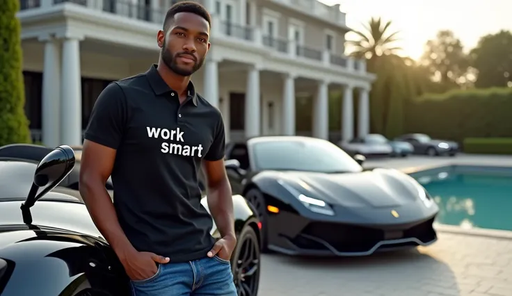 A very well groomed young ebony adult wearing a skin hair cut, black short sleeve polo shirt  with the 16:9 design inscription  "WORK SMART" on a blue jeans leaning slightly in a hypercar parked in from of a robust mansion with other luxury cars in the bac...