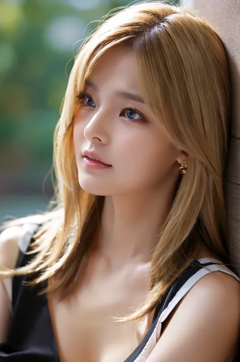  photorealistic、 high resolution on down、Soft Light、female 1 person、solo、 hip up 、View Viewer、( detailed face)、 long hair、 blonde hair 、 black dress sitting on the roof、 cleavage、 medium bust、Winding 、 jewellery,