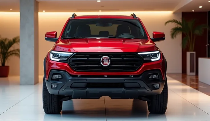 Please Give me a 2025 Fiat Pickup Truck New model And New Design Red colour High And HD Quality Pictures  Luxurious Showroom Showcase Background Straight Front View