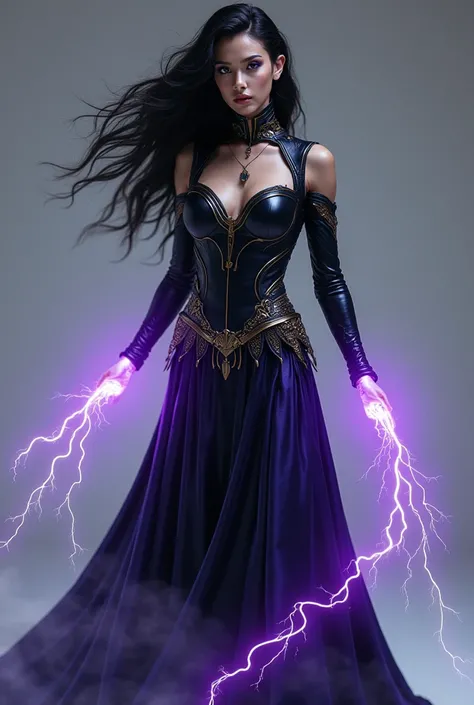  Create a black latex costume with antiques of a girl with blue eyes and long black hair,  slim heroine Marvel costume, white-skinned with animated semi-goddess skirt with purple thunder power