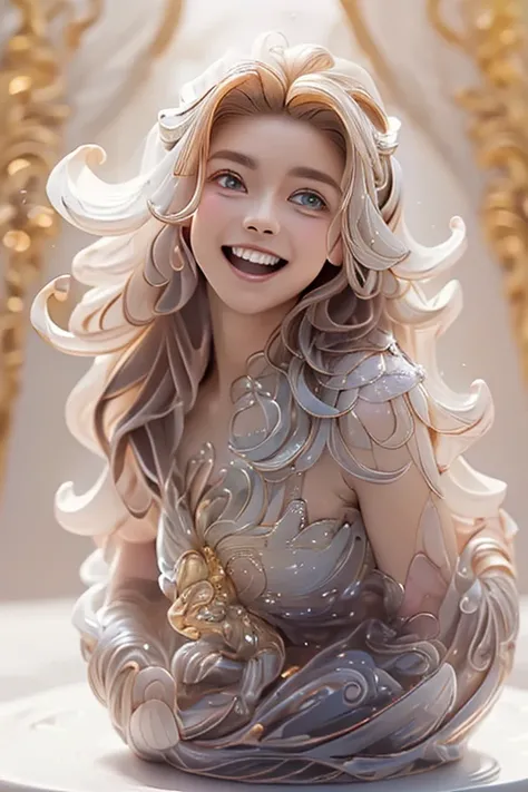 a glass woman statue, kirakira sparkling background, dreamlike colors, transparent statue, floral patterns, big eyes, golden, open mouth, smiling, masterpiece, (best quality:1.3), full body, lesbian, extremely detailed, photorealistic, intricate details, 8...