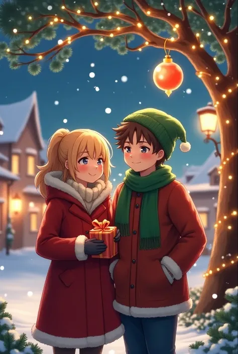 Two characters in a cozy, enchanting Christmas night scene. Both are warmly dressed in winter clothes with Christmas-themed colors—one in a deep red coat with a fur-lined hood, the other in an emerald green scarf and hat. Snowflakes gently fall around them...