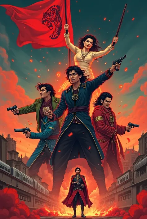 Young man with long black hair wore long royal blue coat holding short gun as main character, young man with grown black hair wore long royal green coat holding red flag with tiger symbol in right side, middle age man with grown black and white hair wore l...