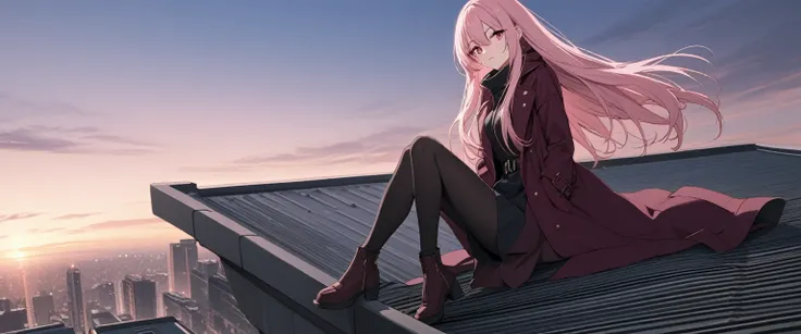 long straight hair, light pink hair, teen girl, full body, sitting on rooftop, on skyscraper, wearing coat, long coat, burgundry coat, rose eyes, looking at horizon,