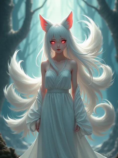 Draw a nine-tailed girl with silver hair and red eyes