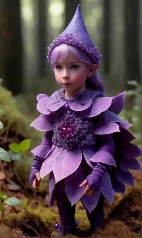 in a dark forest, the ground is lit up by violet glowing fungus, a cute violet elf (leaf outfit) is gathering berries