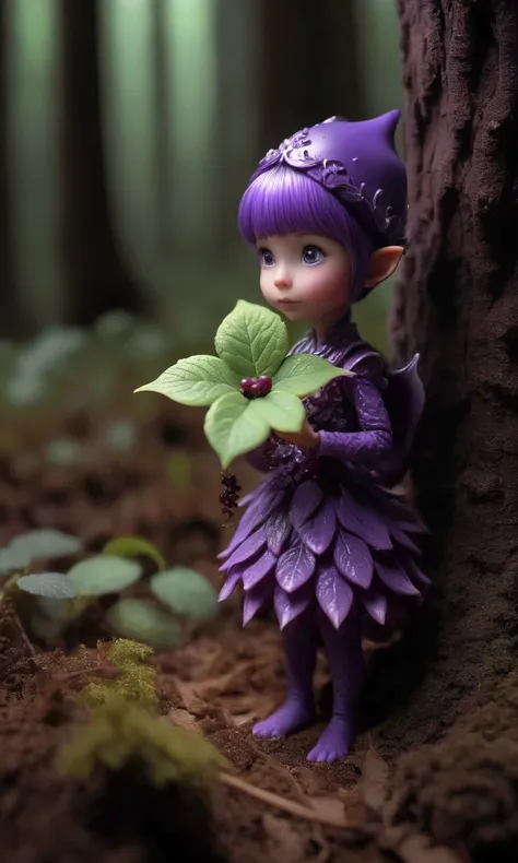 in a dark forest, the ground is lit up by violet glowing fungus, a cute violet elf (leaf outfit) is gathering berries