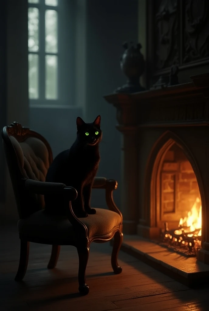 A black cat sits on a classic wooden chair next to the fireplace, the warm yellow light from the fire illuminates the space, Gothic style, dark and mysterious space.