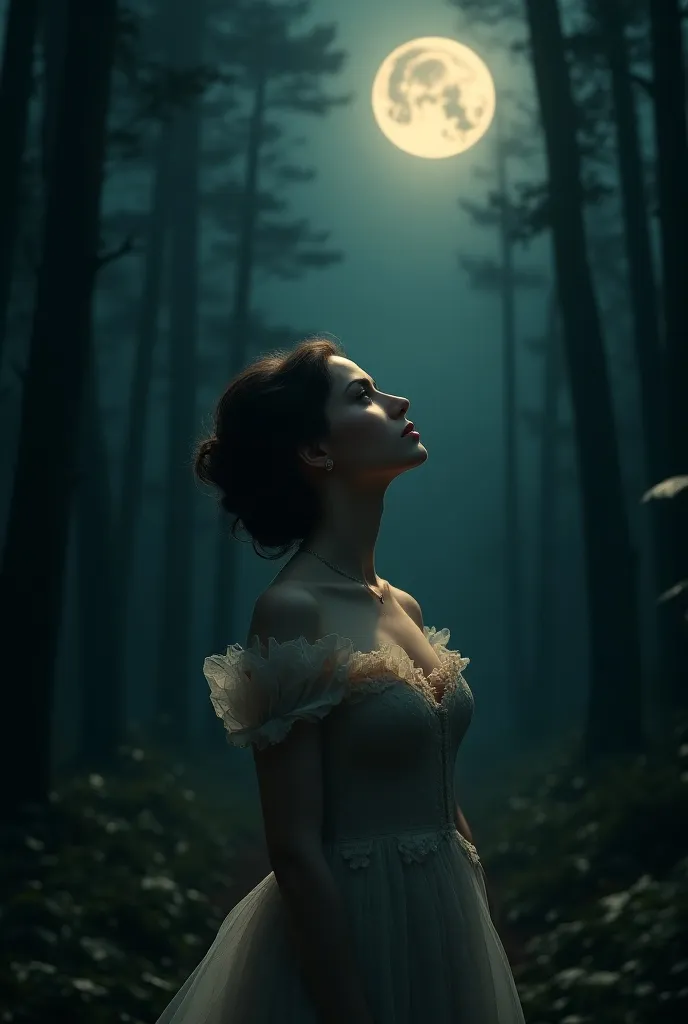 a beautiful woman in a retro dress looking up at the moon, moonlight illuminating her face, in a dark forest at night, moonlight, impressionist, fine art, sophisticated design, advanced lighting techniques, photorealistic 8K quality