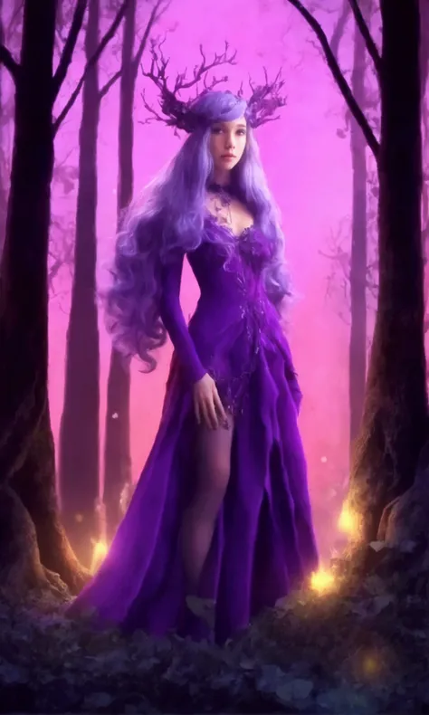 in a dark forest, the ground is lit up by violet glowing fungus, a cute violet elf (leaf outfit) is gathering berries
