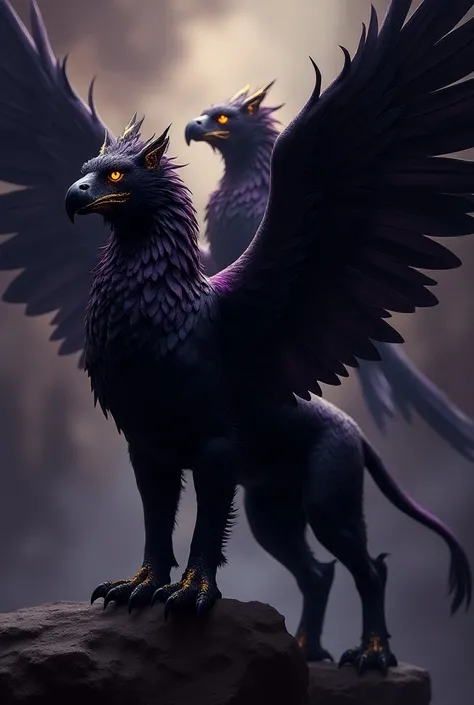 Mythological animal griffins 
In black with purple and a little bit of gold 
