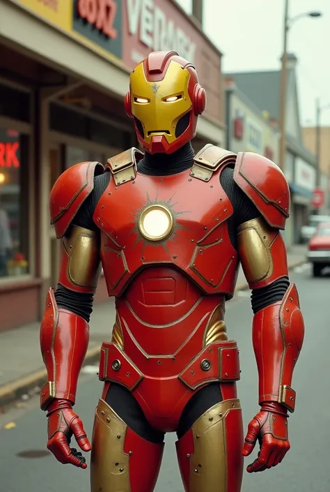 "A man wearing a low-budget red and gold metal suit stands in a 1980s street scene. His armor is visibly made from painted cardboard panels, with uneven spray-painted metallic red and gold surfaces showing exposed cardboard at the edges. The chest features...