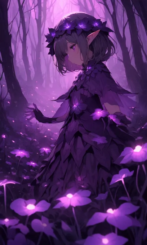 in a dark forest, the ground is lit up by violet glowing fungus, a cute violet elf (leaf outfit) is gathering berries
