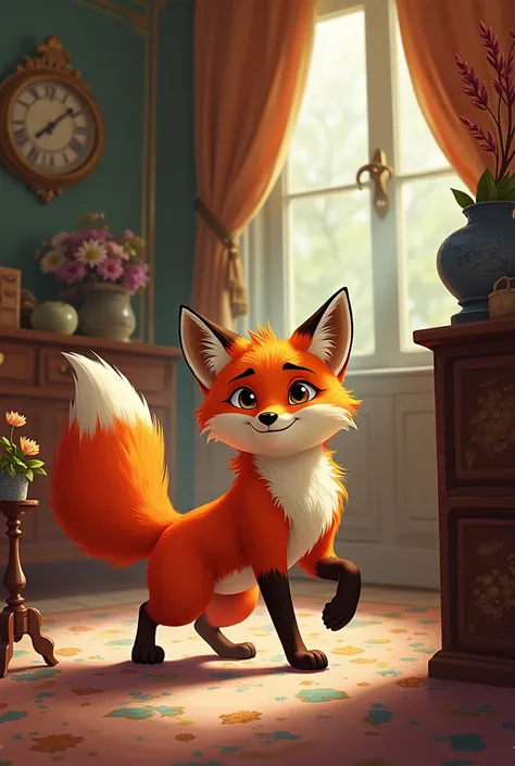 A wonderful bright-colored fox got bored in a wonderful dressed house and did not know where to go    