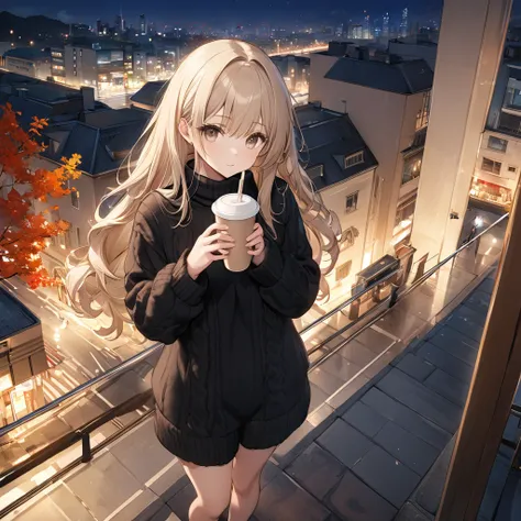 high resolusion, master piece, a lazy girl, cute, fluffy long beige hair, beige eyes, black high neck, long sleeve, wool one piece, autumn, night, city date, hot drink, full body, real body, from above,