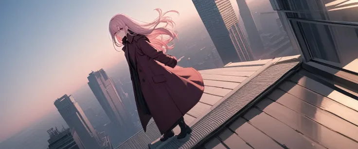 long straight hair, light pink hair, teen girl, full body, sitting on rooftop, on skyscraper, wearing coat, long coat, burgundry coat, rose eyes, looking at horizon,