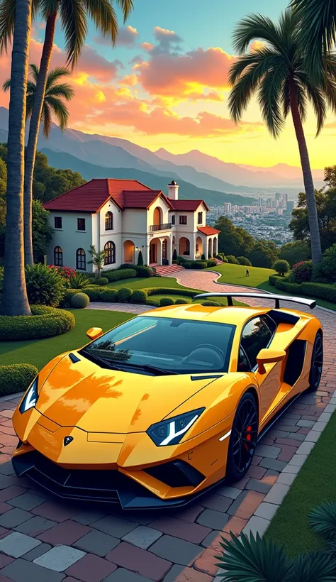 the image in art concept with manga style, A detailed and vivid description of the image, focusing on the atmosphere, emotions, and details.A yellow sports car is parked on a winding driveway leading up to a luxurious mansion. The mansion is nestled among ...