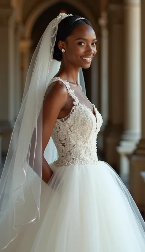 beautiful black model。Miss Ethiopia. (((Jet Black Skin)))。Wedding dress and veil。archaic smiling。 beautiful feet。gravure。Model posing chapel