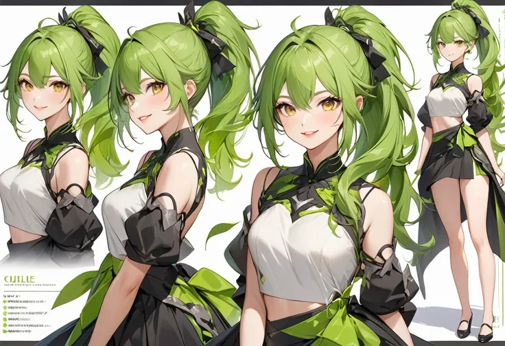 (beautiful and delicate), (Design sheet:2), (multi-angle and detailed view:1.3), (immensely beautiful illustration), (solo, age 15), (beautiful ponytail) (beautiful vivid green hair beauty long hair), (best beauty Warrior girl), (best cute yellow eyes) (be...