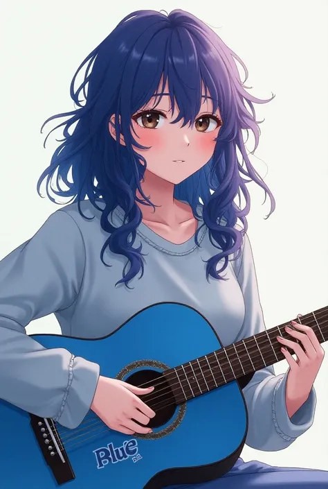  Drawing of a brown-eyed woman ,  wavy blue hair with a purple lock on her bangs. Playing a blue acoustic guitar with a sticker written Blue