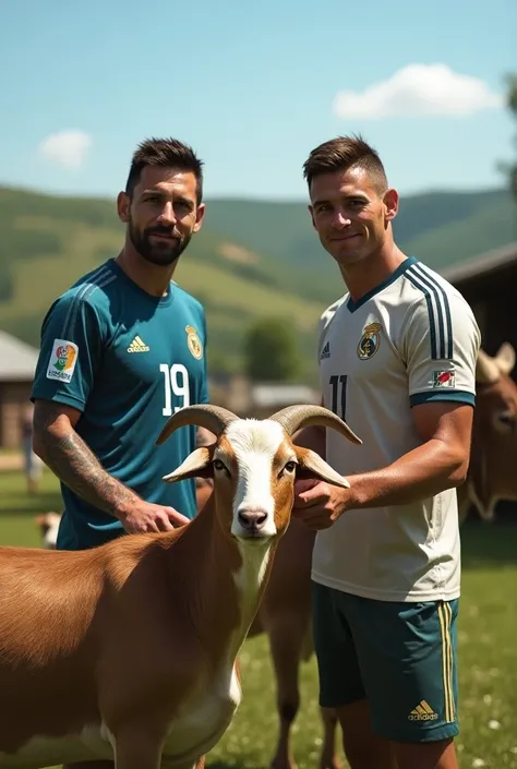 Generate a hyper realistic photo of messi and ronaldo both of them working and feeding predate to  goat and messi taking milk from cow