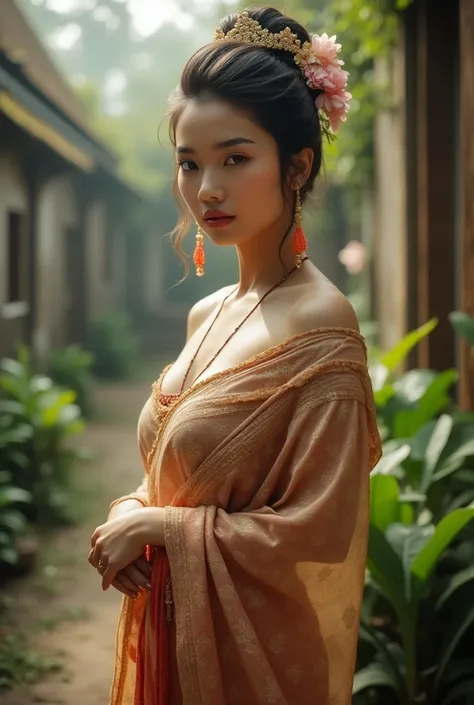  "A beautiful Thai woman in traditional Thai attire with an elegant and slightly sensual appearance. She has a fit figure, fair skin, and classic Thai facial features. The background is inspired by ancient Thai architecture and landscapes, evoking the peac...