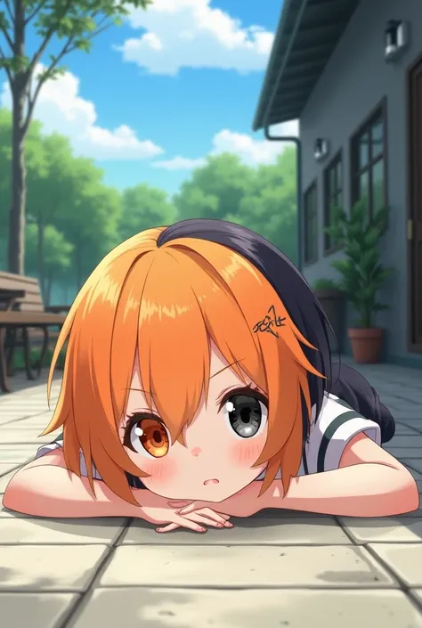 Chica anime,  short hair , on one side left orange , on the other side color black  , eyes of different colors, orange and black,   on the patio of the UA , casual clothing ,  lying on the floor face up,  with scratches on the face  
