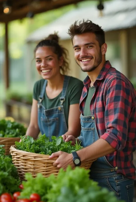  create a photograph of a young man and a young woman about 25 years old , Happy with vegetable baskets ,  the idea is that they are entrepreneurs and they plant vegetables and sell them in a local market