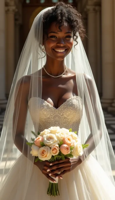 beautiful black model。Miss Ethiopia. (((Jet Black Skin)))。Wedding dress and veil。archaic smiling。 beautiful feet。bouquet。Model posing chapel