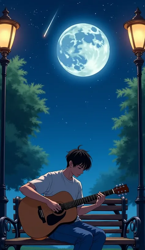 "the image in anime mode with manga style, A detailed and vivid description of the image, focusing on the atmosphere, emotions, and details. A young man sits on a park bench beneath a luminous full moon, plucking at the strings of his acoustic guitar. The ...