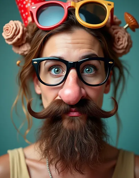 Woman with fake nose from party goods, funny sunglasses with beard and nose, wearing big black round glasses, thick round glasses, black rimmed glasses, wide nose, big nose, straight nose, beard on nose, party goods, close up face portrait, funny face