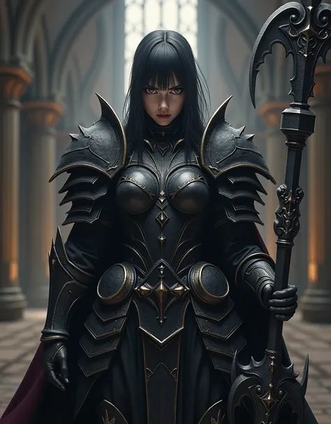 Prompt: "A full-body view of a powerful female warrior in epic armor inspired by Albedo from Overlord, standing in a heroic pose. Her figure is strong and well-built, emphasized by fitted, ornate dark armor with gothic details. The chest plate is intricate...