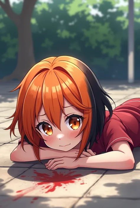 Chica anime,  short hair , on one side left orange , on the other side color black  , eyes of different colors, orange and black,   on the patio of the UA , Casual clothing,  lying on the floor face up, hurt
