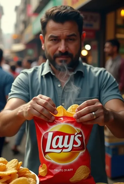 A man opens a chip bag in a market with his hands and their is a small smike above the chips packet, a lays 