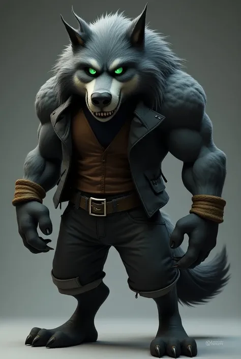 A large, evil and mischievous wolf character in 3D animation style with a mean expression, standing confidently on all fours. His eyes are an intense, eerie green that radiate a sense of devious intelligence. The wolf’s mouth is curled into a smirk, reveal...