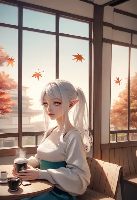   young elf girl with white hair and golden eyes drinking coffee in a cafe,  drinking coffee in a cafe at sunset ,  Very Detailed, 8k, Anime Style, watercolor, Realistic,  ponytail, Features of the Japan, 20 years old,  Beautiful eyes with beautiful detail...