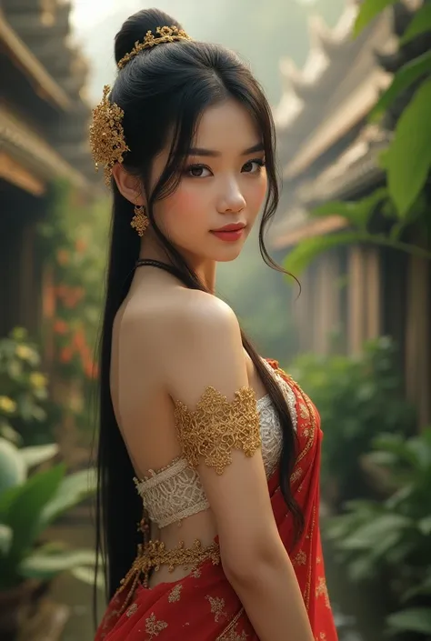  "A beautiful Thai woman in traditional Thai attire with an elegant and slightly sensual appearance. She has a fit figure, fair skin, and classic Thai facial features. The background is inspired by ancient Thai architecture and landscapes, evoking the peac...