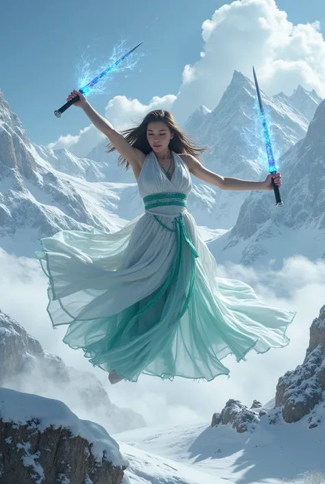 a woman in an ancient style dress, holding a cold ice sword with blue flames, dancing in the snow with long flowing hair, holding a silver long sword, adorned with jade jewels, confident smiling face, floating in the clouds with mountains in the background...