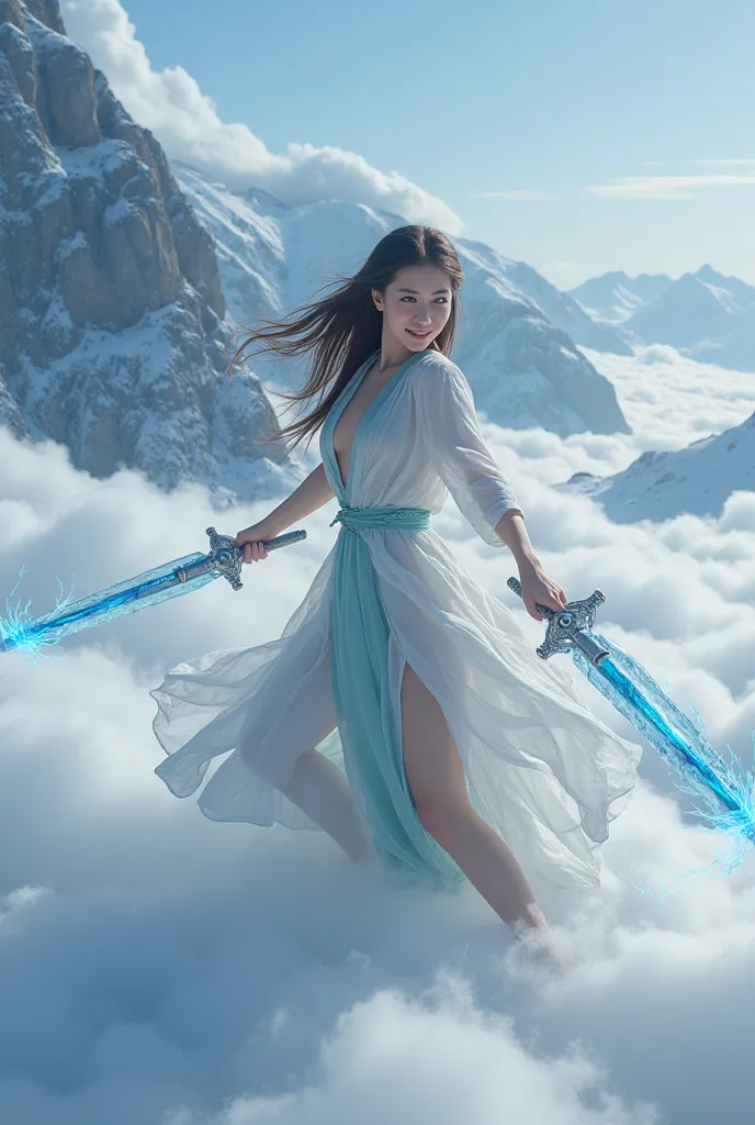 a woman in an ancient style dress, holding a cold ice sword with blue flames, dancing in the snow with long flowing hair, holding a silver long sword, adorned with jade jewels, confident smiling face, floating in the clouds with mountains in the background, detailed face and eyes, detailed clothing, detailed lighting, digital painting, cinematic lighting, fantasy art, highly detailed, masterpiece, 8k, photorealistic