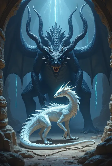 7-headed black dragon guarding a large white dragon with blue eyes that is chained in a dark cave 