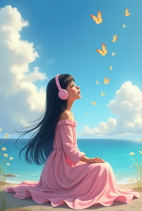 A teenage girl sitting halfway dressed in a long pink dress that covers her chest and shoulders  , with her straight long black hair without a cap, black eyes and brown skin color  ,In the sea listening to music with headphones and happy watching the butte...