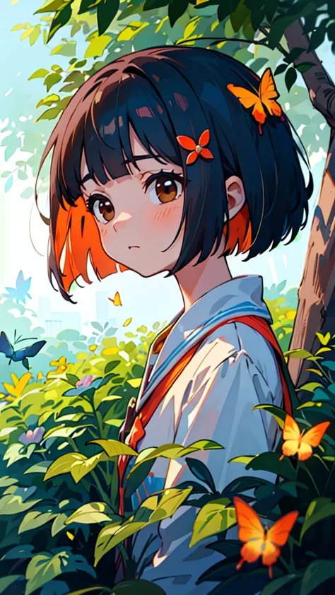  A portrait of a beautiful and delicate girl with a soft and gentle expression、 dark blue hair 、 jet black brown eyes 、 bob cut、 orange hair ornament 、 The background landscape is a blooming bush and butterflies flying around 々It's a garden where there are trees 。